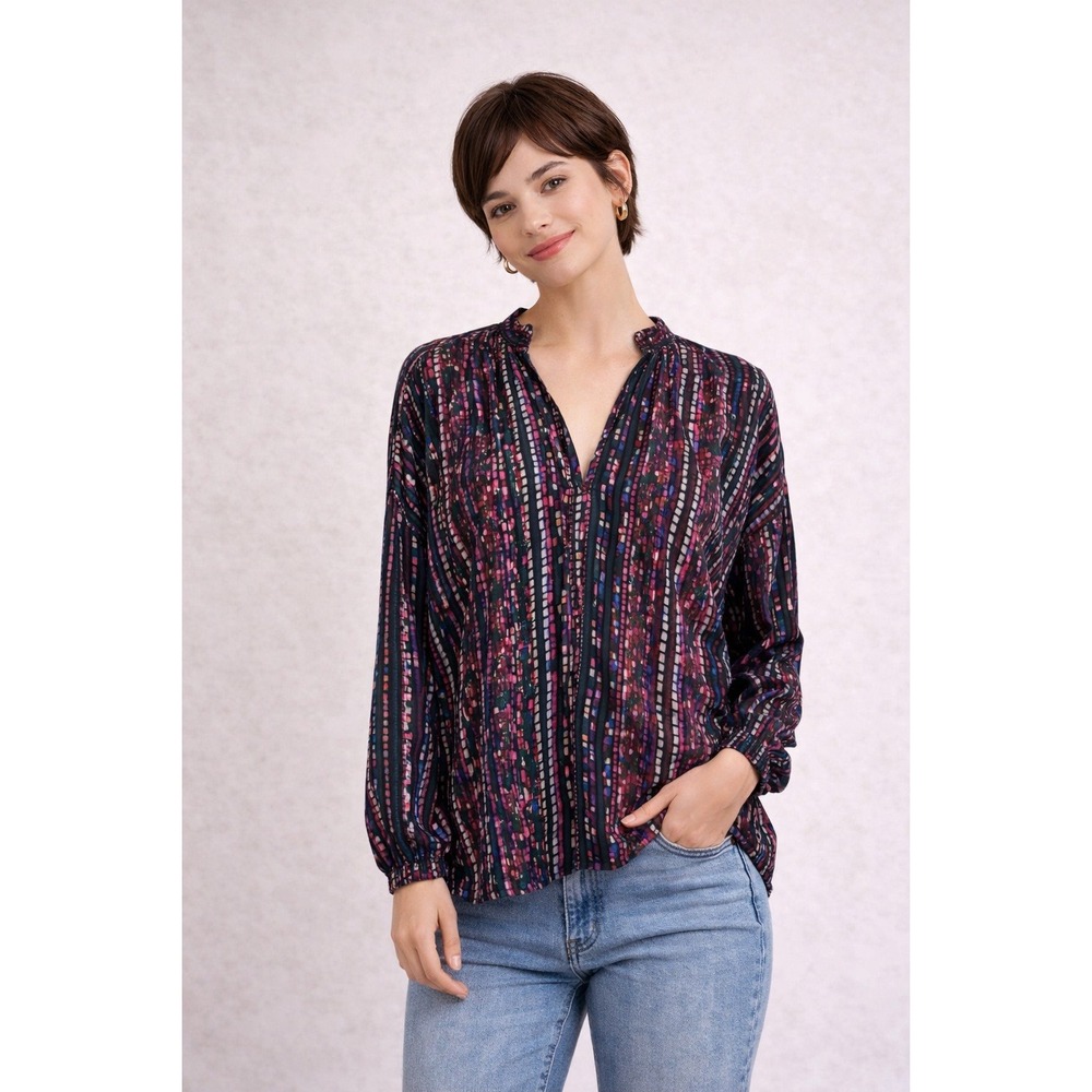 Marie‎ Oliver XS Mosaic Geometric Print Split Neck Long Sleeve Blouse Black